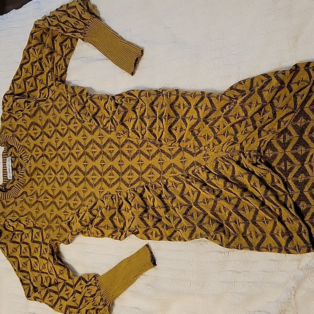 Zara Mustard & Black Patterned Bodycon Dress Long Puff Sleeves - Picture 3 of 7